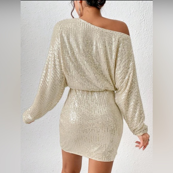SHEIN BAE Asymmetrical Neck Batwing Sleeve Sequin Dress - Picture 2 of 3